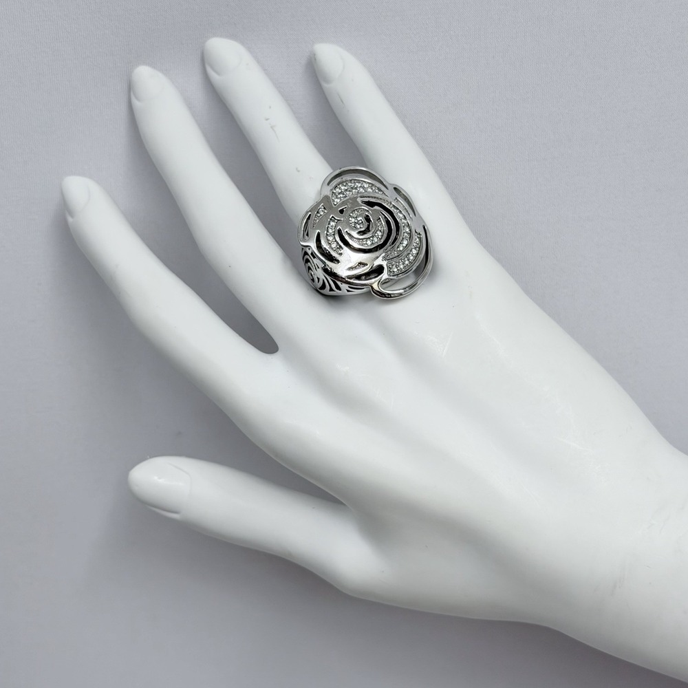 Lauren G Adams Silver Tone Metal Rose CZ Ring LGA Daisy Enamel Size 6 3/4 7
